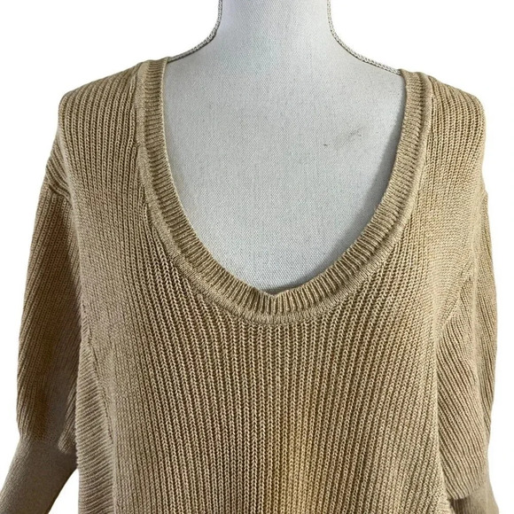 Express Slouchy Short Sleeve Sweater Tan Sand Oatmeal Knit Balloon Sleeve Medium - Picture 4 of 6